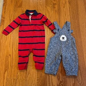 Ralph Lauren Red and Navy Striped Outfit and Blue Bear Overall 9 months Bundle